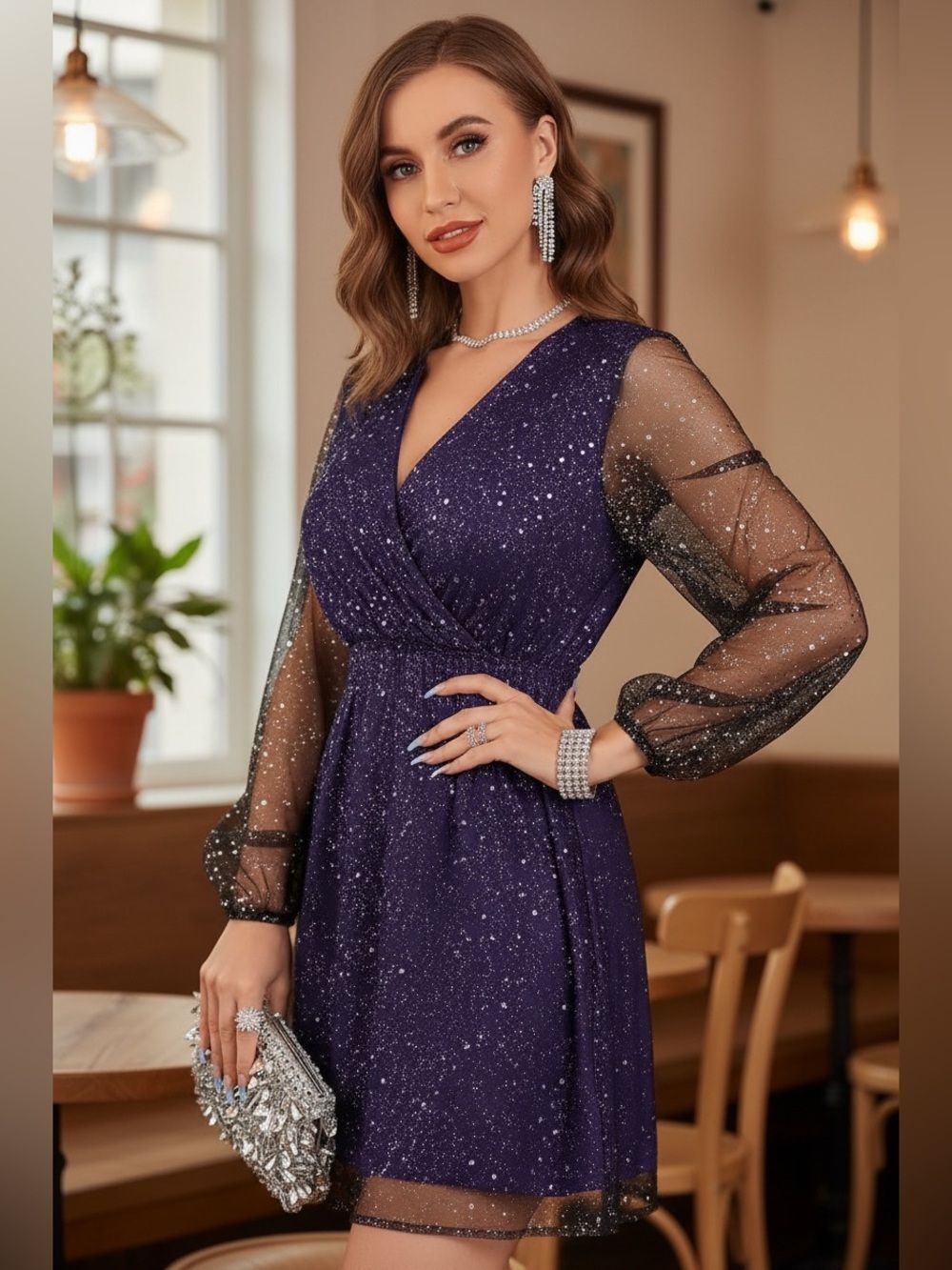 Purple Glitter Mesh V Neck Cocktail Party Dress M Without Belt Sheer